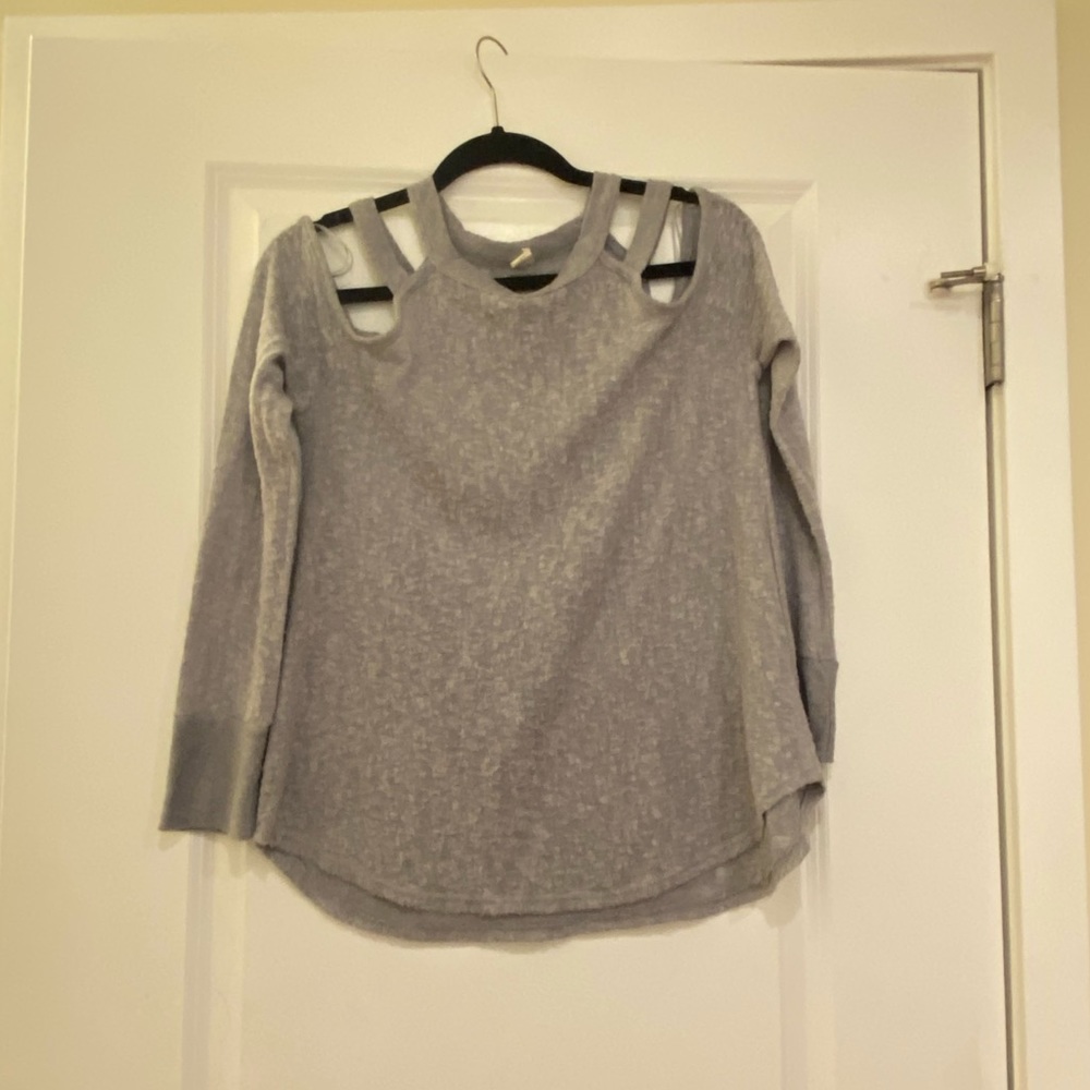Gray off-the-shoulder long sleeve.